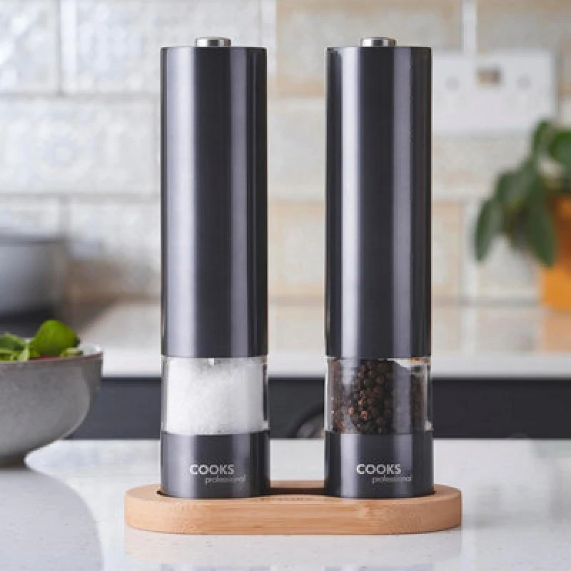 Image of Cooks Professional Electric Salt and Pepper Mill Grinder Set Shaker Automatic with Stand Graphite Black unisex