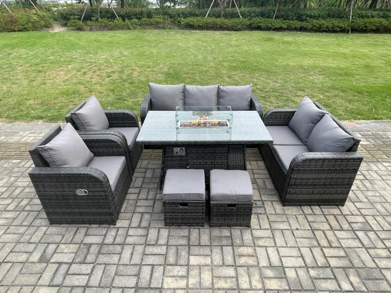 Image of Fimous Garden Patio Furniture Wicker Rattan Gas Fire Pit Table and Sofa Chair set with 2 Small Footstools Dark Grey Mixed Dark Grey