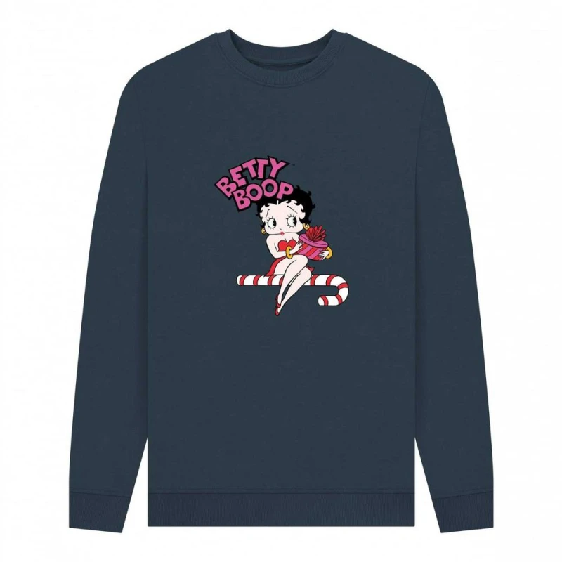 Image of Betty Boop Mens Candy Cane Sweatshirt in Navy Size: Small Navy Male S