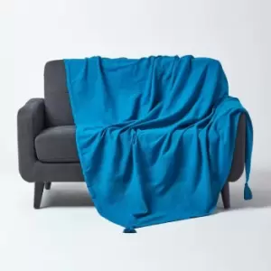 Image of Cotton Rajput Ribbed Teal Throw, 150 x 200cm - Blue - Homescapes