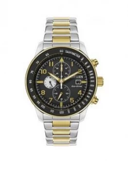 Image of Citizen Black And Gold Detail Chronograph Dial Two Tone Stainless Steel Bracelet Mens Watch