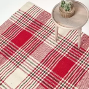 Image of Walker Red Tartan Check Non-Slip 100% Wool Rug, 70 x 120cm - Red - Homescapes