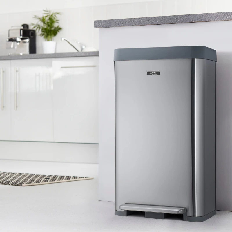 Image of Cooks Professional Kitchen Rubbish Waste Bin Recycling Wide Single Pedal 65L Silver Silver