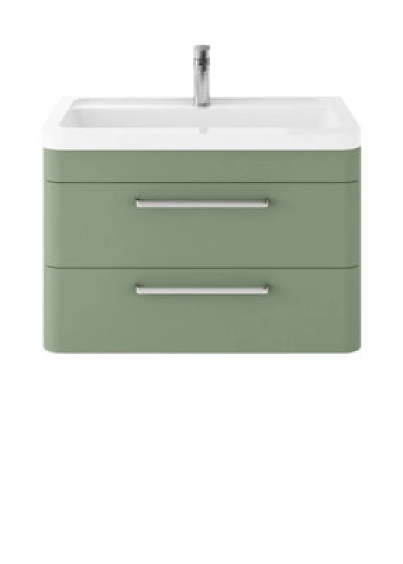 Image of Nuie Hudson Reed Solar Wall Hung Vanity Unit With Ceramic Basin, Modern 2 Drawer Bathroom Sink Vanity Unit In Fern Green, 800mm