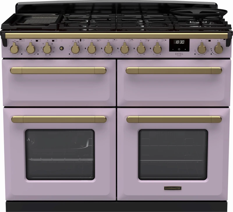 Image of Rangemaster Estel Deluxe ESDLB110DFPHTH/AB1 110cm wide Dual Fuel Range Cooker with Gas Hob - Heather / Antique Brass - A/A Rated