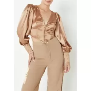 Image of Missguided Tall Balloon Sleeve Satin Crop Top - Neutral
