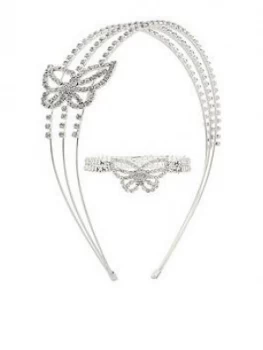 Image of Monsoon Girls Diamante Butterfly Stretch Bracelet And Hairband - Silver