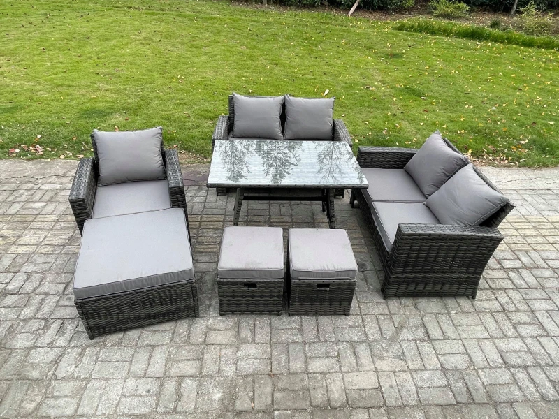 Image of Fimous 8 Seater Garden Dining Set Wicker PE Rattan Outdoor Furniture Sofa with Rectangular Dining Table Double Seat Sofa Dark Grey Mixed Dark Grey Uni