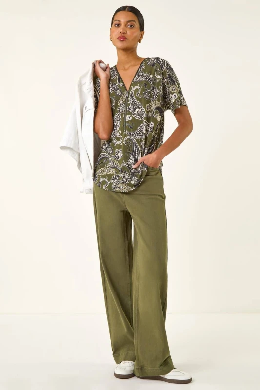 Image of Roman Womens Paisley Print Zip Front Top in Khaki Size: 16 Khaki Female 16