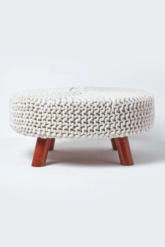 Image of Homescapes Large Round Cotton Knitted Footstool on Legs Natural