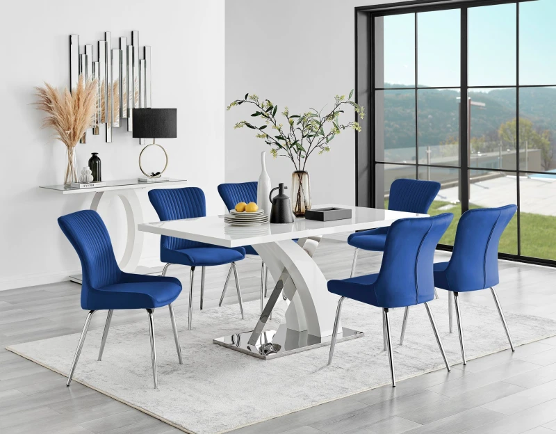 Image of FurnitureboxUK FurnitureboxUK Atlanta 6 White Dining Table and 6 Nora Silver Leg Chairs in Blue Blue One Size Unisex 5056657168568