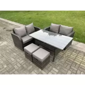 Image of Fimous 4 Seater Outdoor Dark Grey Rattan Lounge Complete Sofa Set with Rectangular Dining Table and 2 Stools