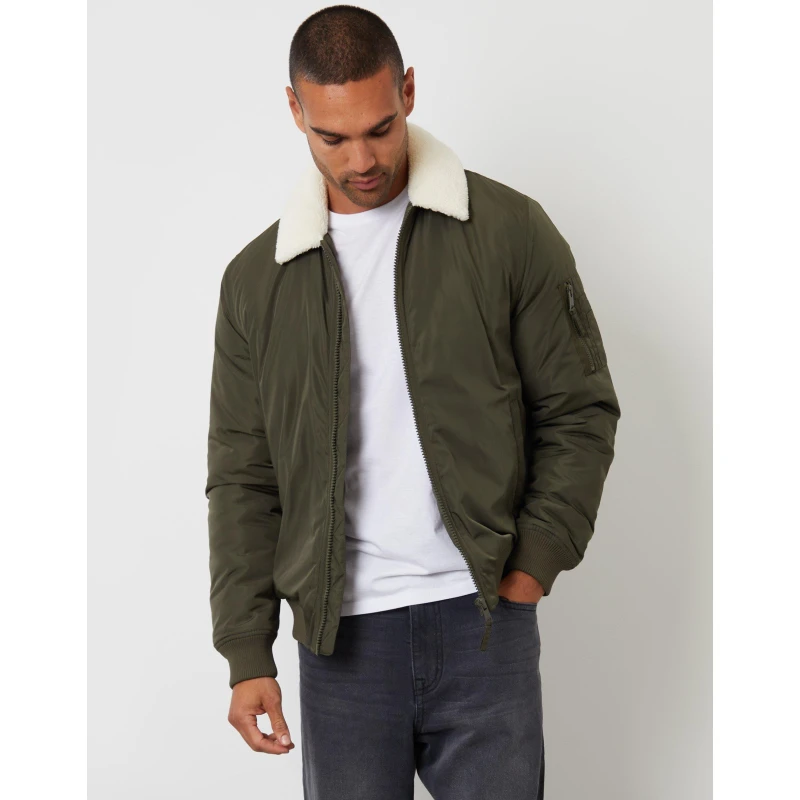 Image of Threadbare Threadbare Men Borg Collar Bomber Jacket in Khaki Size: X-Large Khaki XL Male 7625915182431