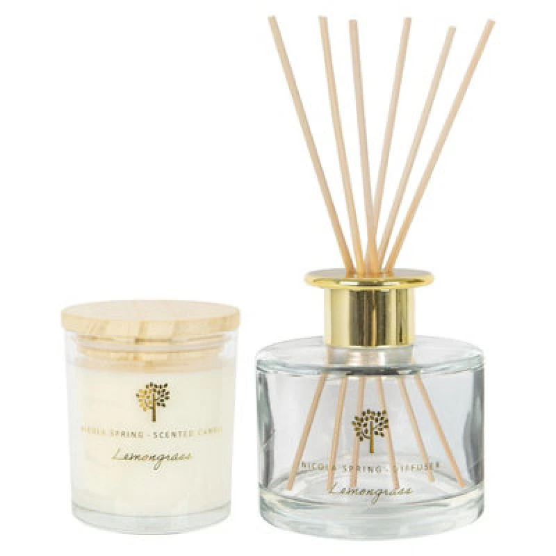 Image of Nicola Spring Soy Wax Scented Candle & Reed Diffuser Set - 130G - Lemongrass - Fruity Summer Fragrance Long Burn