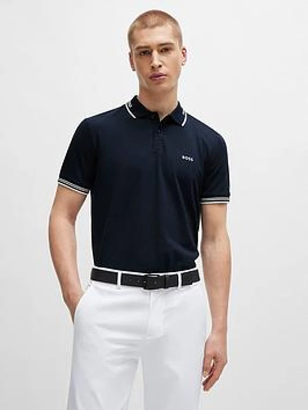 Image of Boss Mens HBG Paul Polo Contrast Striped Trim Shirt Dark Blue male S