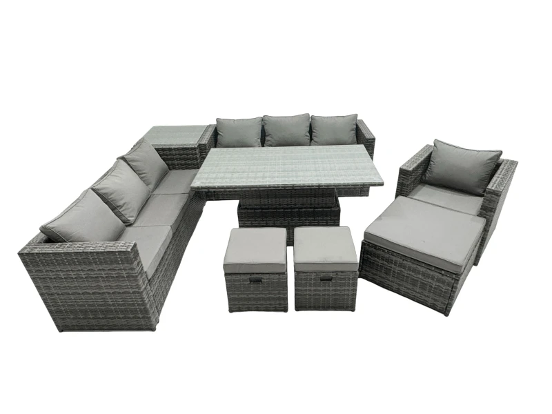 Image of Fimous Rattan Lounge Sofa Rising Dining Table Set &Side Table 3 Footstool in Dark Grey Dark Grey Unisex