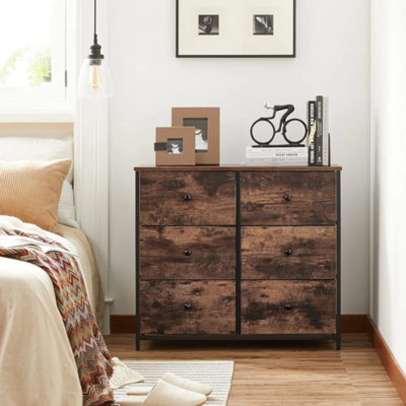 Image of Songmics Chest Of Drawers, 6 Fabric Drawers With Metal Frame, Storage Organiser Unit, Dresser, Rustic Brown And Classic Black