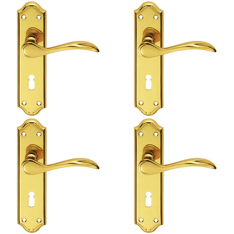 Image of Loops 4x PAIR Curved Door Handle Lever on Lock Backplate 180 x 45mm Polished Brass Metallics