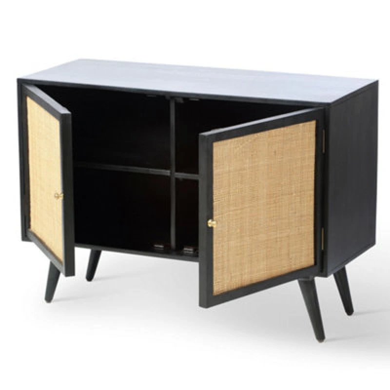 Image of Desser Manhattan Sideboard 2 Door Mango Wood & Cane Webbing In Black H70Cm X W100Cm X D40Cm