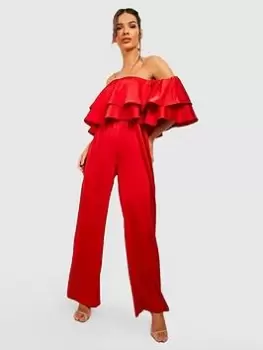 Image of Boohoo Tiered Ruffle Bardot Wide Leg Jumpsuit - Red, Size 8, Women