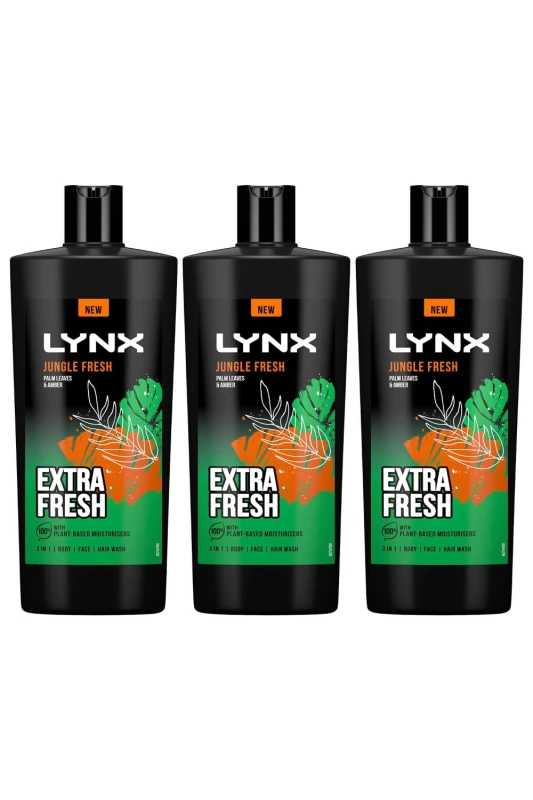 Image of Lynx 3in1 Body, Face & Hair Wash 'Shower Gel' 700ml 3pk Green male