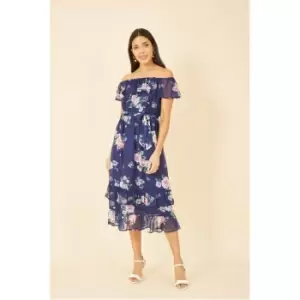 Image of Yumi Navy Floral Bardot Midi Dress - Blue