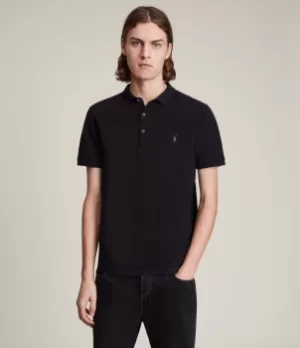 Image of AllSaints Mens Cotton Slim Fit Essential Reform Polo Shirt, Navy Blue, Size: M