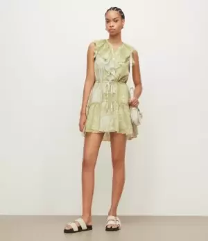 Image of AllSaints Womens Womens Animal Print Ali Noche Mini Dress, Green and White, Size: 8, Green/White