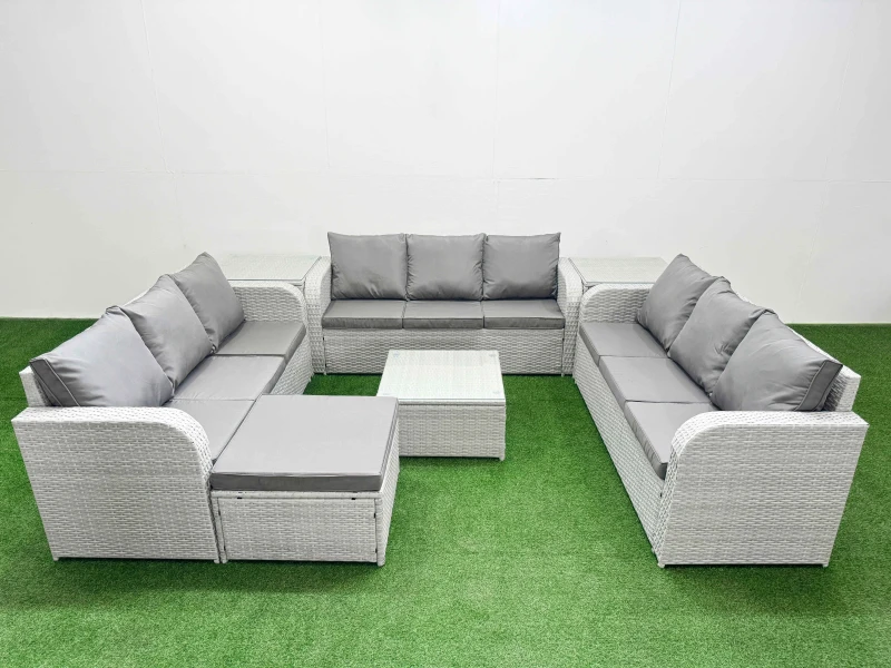 Image of Fimous PE Rattan Lounge Sofa Set 10 Seater Outdoor Garden Furniture Set with Square Coffee Table 3 Seater Sofa Big Footstool 2 Side Table Light Grey L