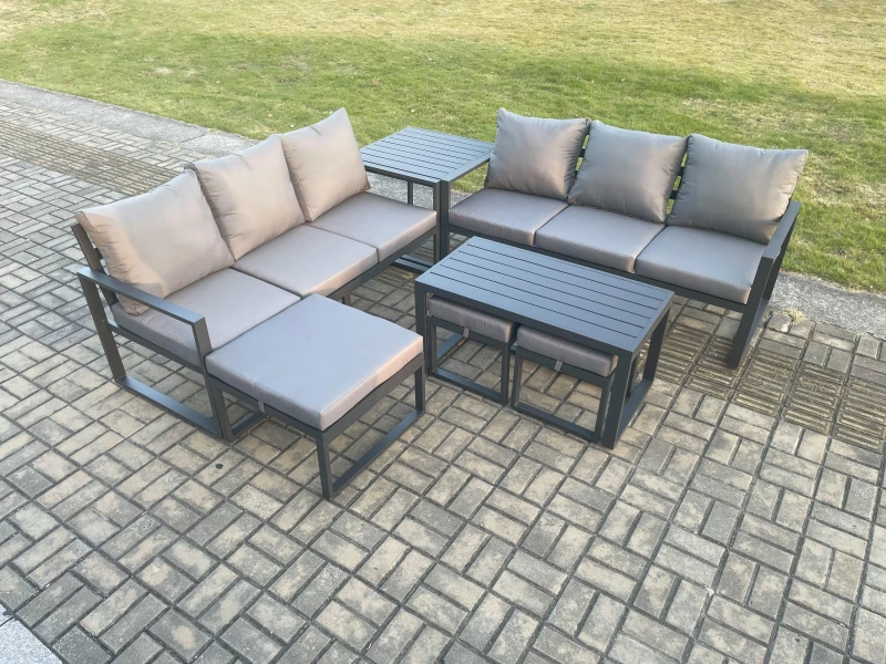 Image of Fimous Aluminium 9 Seater Garden Furniture Outdoor Patio Sofa Set with Rectangular Coffee Table 3 Footstools Side Table Dark Grey Dark Grey Unisex