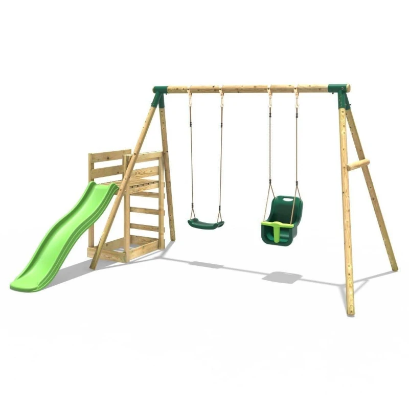 Image of Rebo Wooden Double Swing Set with Baby Seat and Slide - Luna Green Green