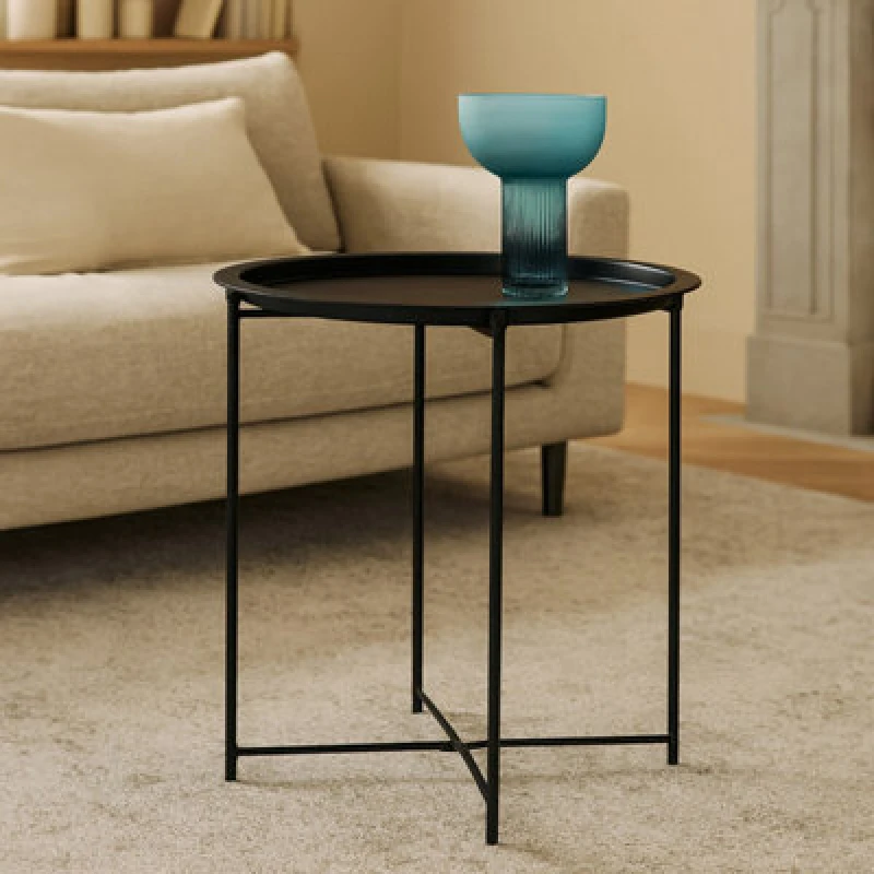 Image of Orsina Black Grey Metal Round Side Table, Modern Design Bedside Table For Bedroom, Functional Livingroom Sidetable