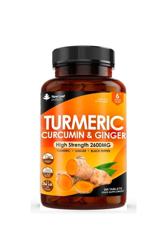Image of New leaf health Turmeric Supplements Ginger & Black Pepper Turmeric Tablets 95% Curcumin (6 months supply) Yellow unisex
