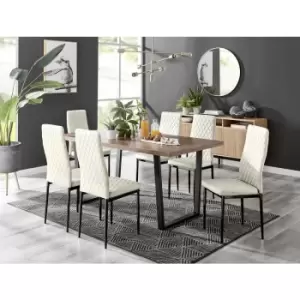 Image of Furniturebox UK - Furniturebox Kylo Brown Wood Effect Dining Table & 6 Cream Milan Velvet Dining Chairs With Black Legs Diamond Stitch Modern
