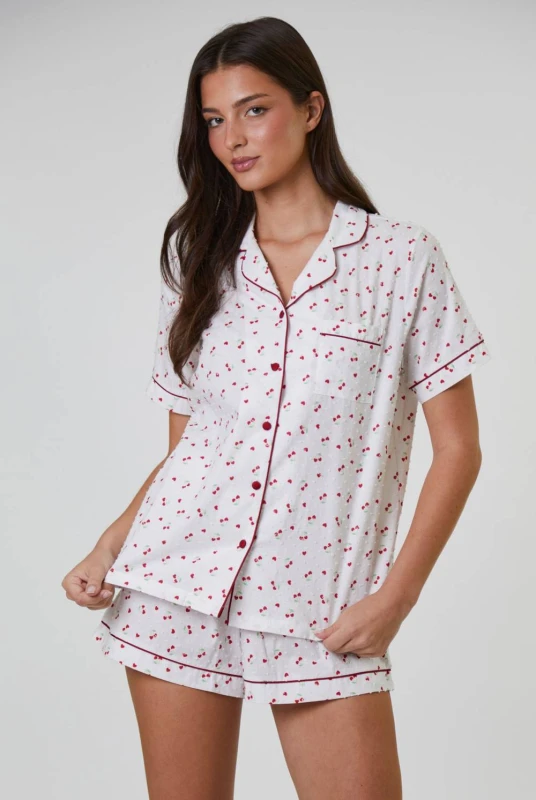 Image of Loungeable Womens Cherry Printed Dobby Short Sleeve & Short Set in White Size: Small White Female S