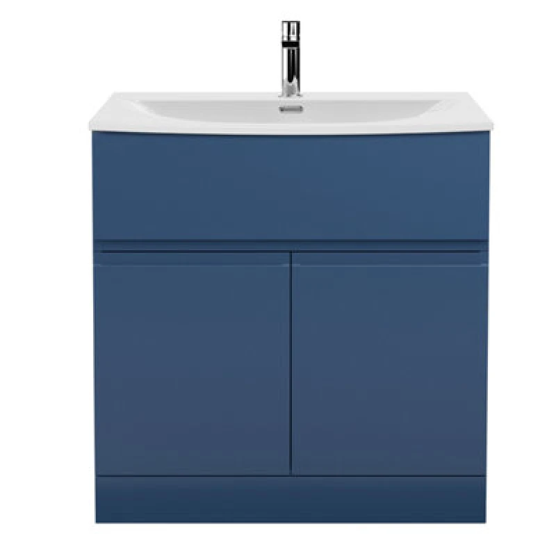 Image of Nuie Hudson Reed Urban Floor Standing 2 Door 1 Drawer Vanity Unit With Curved Basin, Durable Modern Vanity Unit In Satin Blue, 800mm