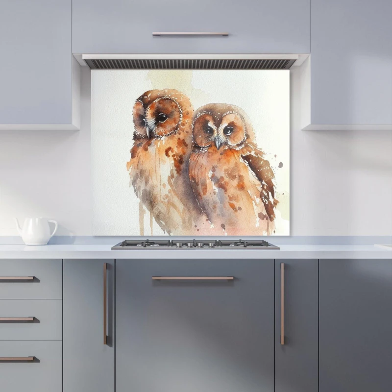 Image of Warren Reed - Designer Loving Tawny Owls Watercolour Kitchen Splashback in Brown Size: 700mm x 750mm Brown Unisex 700mm x 750mm