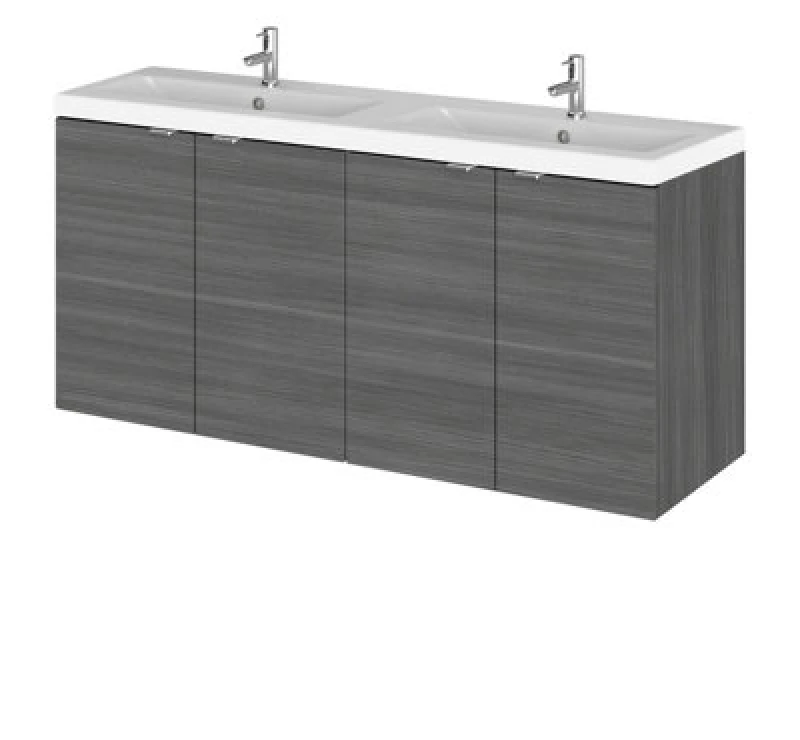 Image of Hudson Reed Fusion Wall Hung 4 Door Vanity Unit & Twin Ceramic Basin, Sink Vanity Unit, Anthracite Woodgrain, 1200mm