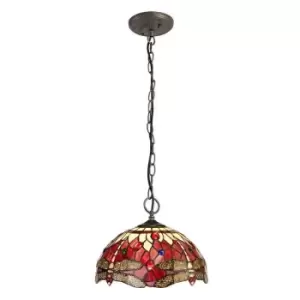 Image of 3 Light Downlighter Ceiling Pendant E27 With 30cm Tiffany Shade, Purple, Pink, Crystal, Aged Antique Brass - Luminosa Lighting