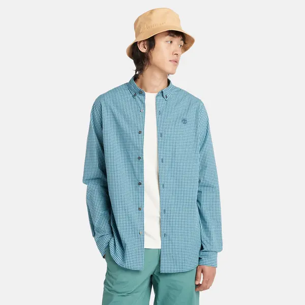 Image of Timberland Micro-gingham Poplin Shirt For Men In Blue Blue, Size M