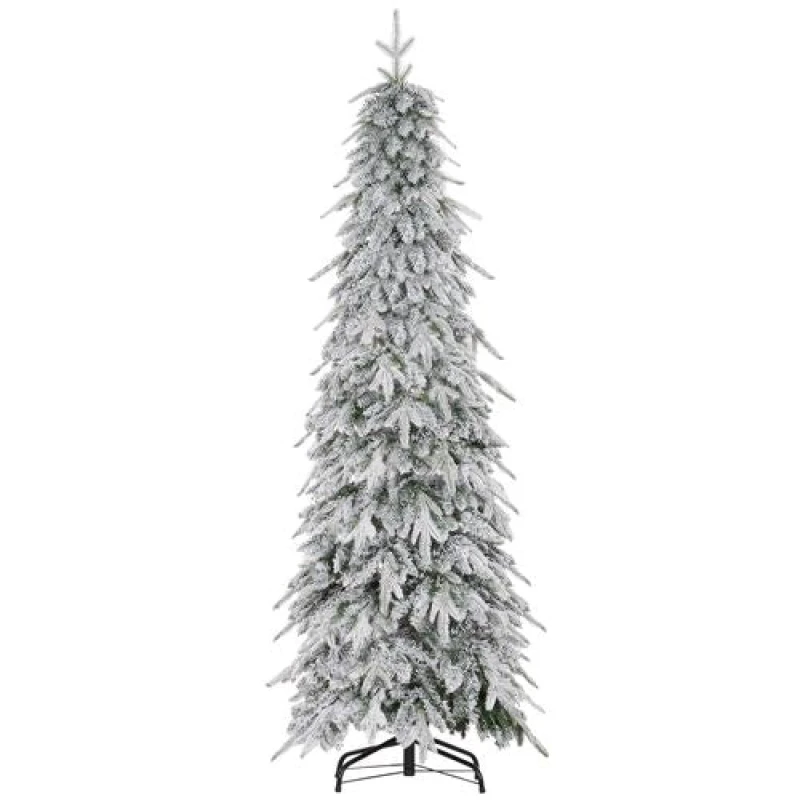 Image of HOMCOM HOMCOM Flocked Pencil Artificial Christmas Tree with Auto Open, Steel Base in Green Size: 7ft Green 7ft Unisex 5056725570194