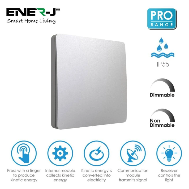 Image of ENER-J 1 Gang Wireless Kinetic Switch with 100W RF & WiFi Dimmable in Silver Silver Unisex