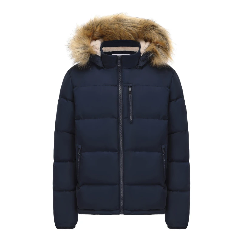Image of SoulCal Mens 2 Zip Bubble Faux Fur Trim Fleece Lined Short Puffer Jacket Navy male S