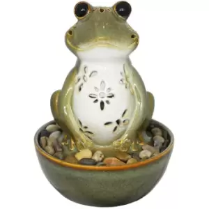 Image of Frog Tabletop Indoor Fountain / Water Feature with LED Light and Pebbles - Green / Cream