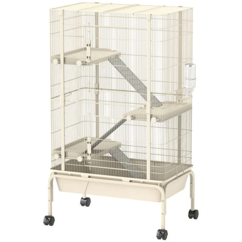 Image of PawHut 4 Levels Rolling Small Animal Cage, Rabbit Cage with 15cm Deep Bottom Beige