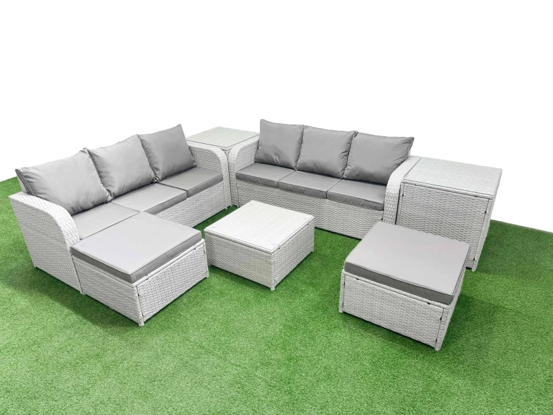 Image of Fimous Outdoor Garden Furniture Sets 8 Seater Wicker Rattan Furniture Sofa Sets with Square Coffee Table high Back Lounge Sofa 2 Big Footstool 2 Side