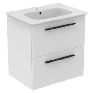 Image of Ideal Standard I.life A 60Cm Matt White Wall Hung Vanity Unit, 64Cm White Vanity Basin And Black Handle Pack