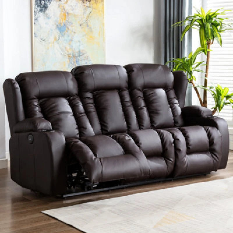 Image of MORE4HOMES Caesar high back electric bond grade leather recliner 3+2+1 sofa armchair set brown 3 seater - Brown FUR-RC3-CAES-AUTO-BROWN
