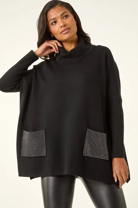 Image of Roman Womens Sparkle Pocket Poncho Jumper in Black Size: Large/XL Black Female L/XL