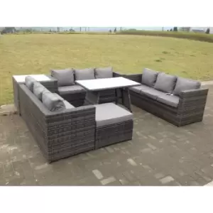 Image of Fimous 9 Seater Outdoor Rattan Lounge Sofa Complete Set with Oblong Dining Table, Side Coffee Table, and Big Footstool